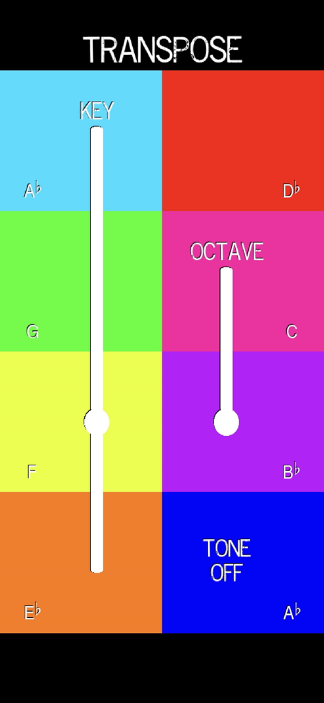 Pocket Talkbox - Interface of Pocket Talkbox app showing transpose settings with sliders for key and octave over a colorful grid of musical notes