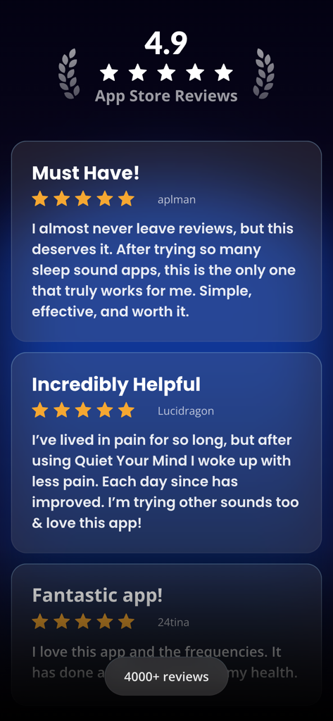 Sleep Dose: White Noise Remedy - A screenshot of the Sleep Dose app showing a 4.9 out of 5 rating from over 4000 App Store reviews with positive user testimonials.
