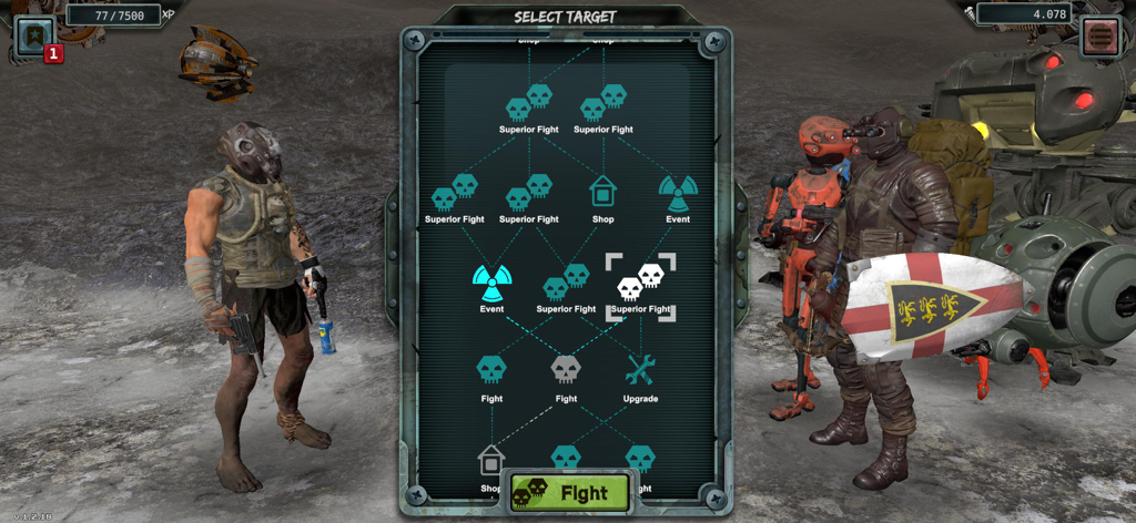 Scrappage‎ - A branching path level selection screen in the Scrappage mobile game featuring various mission types like fights, shops, and upgrades.