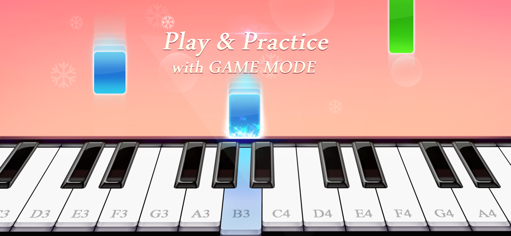 Virtual piano keyboard with falling colored tiles in a pink themed game interface