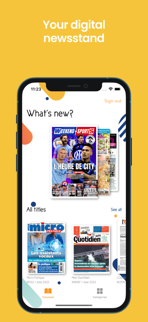 Discover Press app interface showing a digital newsstand with various magazine covers on an iPhone.