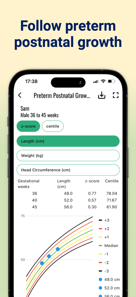 INTERGROWTH-21st - Mobile app interface for tracking preterm infant growth with clinical charts and measurement data