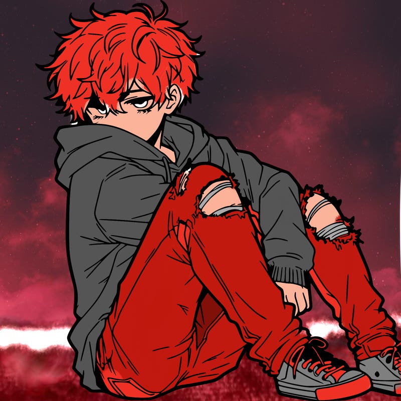 a male hoddie ripped jeans messy hair anime