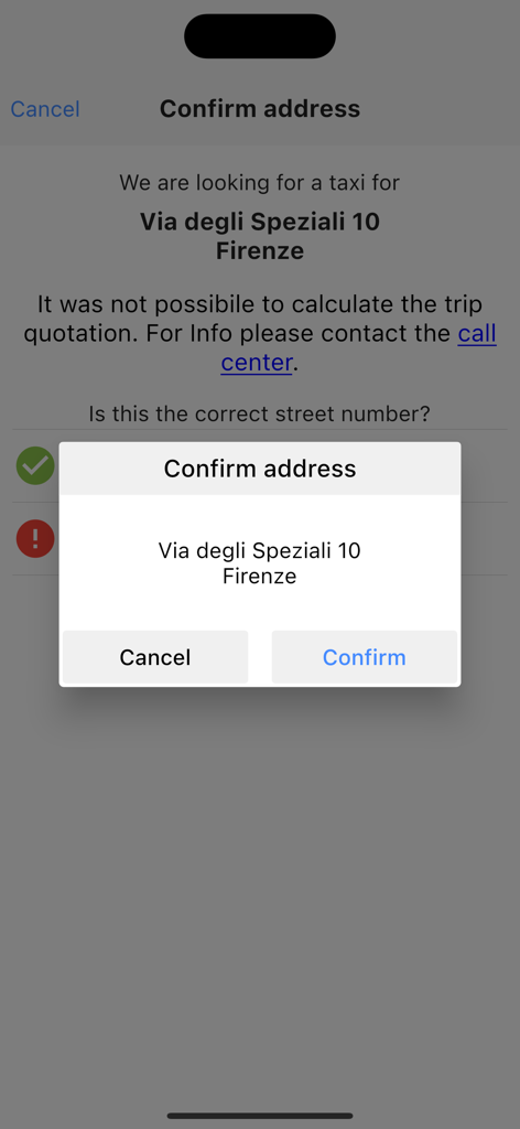 Confirmando la dirección de recogida en Florencia en la aplicación Taxi Move