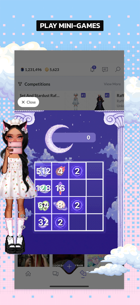 A fashionable avatar next to a space themed puzzle mini game in Everskies