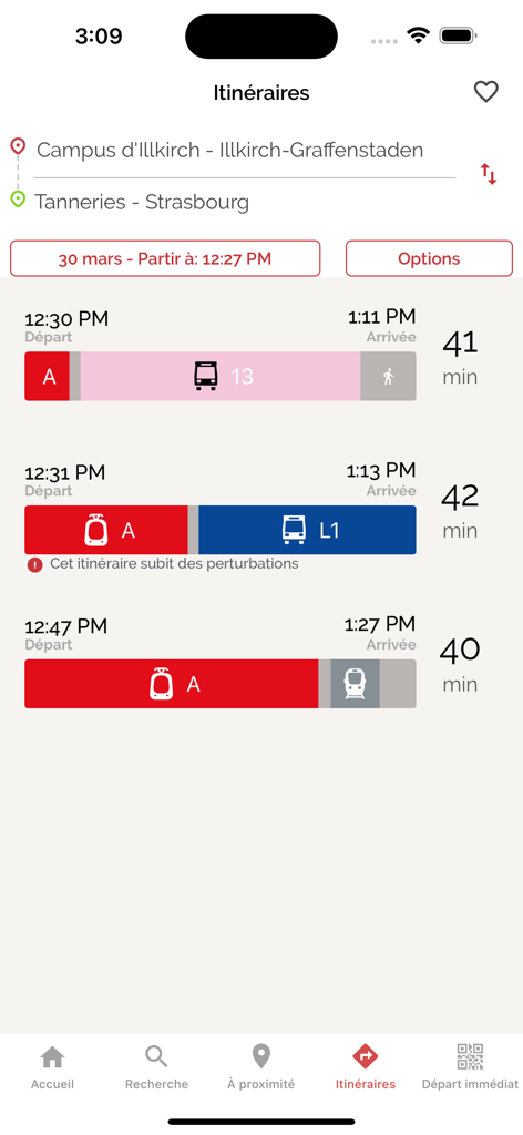 Itinerary search results for public transit in Strasbourg showing tram and bus route options with travel times.