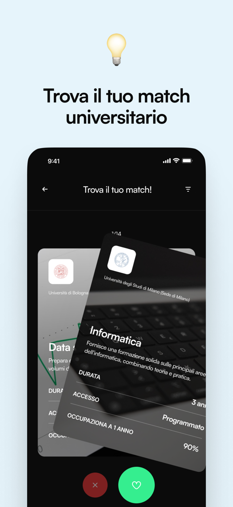 CampusHub: corsi eventi e test - A mobile screen from CampusHub showing a university course matching interface with swipeable cards for degree programs like Informatica.
