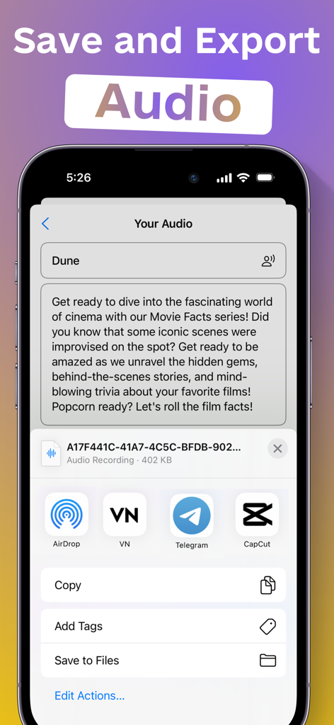 My Voice - Text To Speech - Interface of the My Voice app showing options to export AI-generated audio to CapCut and other video editing apps.