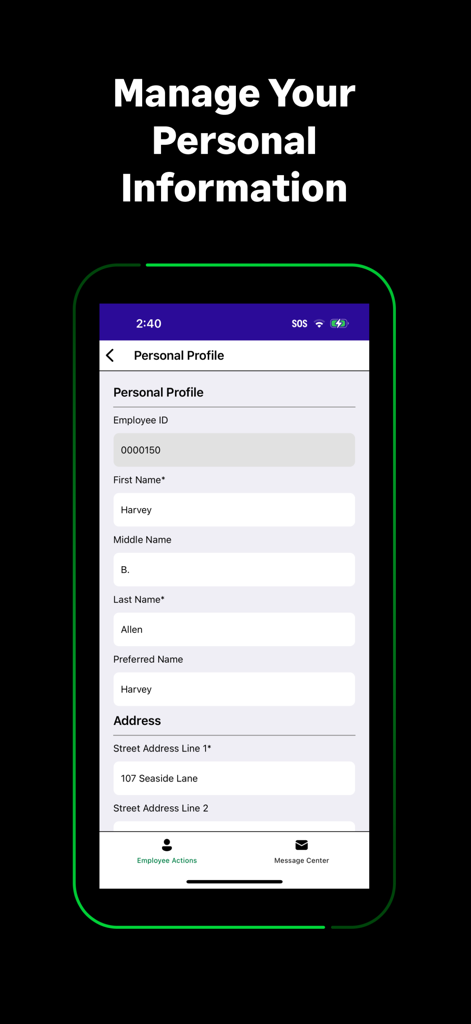 Sage HRMS - A mobile screenshot of the Sage HRMS app displaying the personal profile screen where employees can manage their identification and contact information.