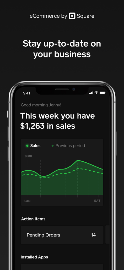 Weebly by Square mobile App Geschäfts-Dashboard mit Verkaufsstatistiken und anstehenden Bestellungen