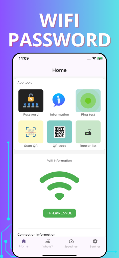Wifi password auto - Wifi password autoアプリのホーム画面。パスワードマネージャー、pingテスト、QRスキャナーなどのツールが表示されています
