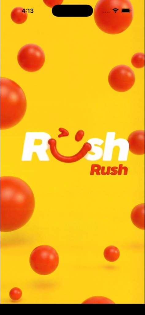 Rush Rush - رش رش - Startbildschirm der Rush Rush Liefer-App mit einem roten Smiley-Gesicht-Logo auf gelbem Hintergrund mit schwebenden roten Kugeln