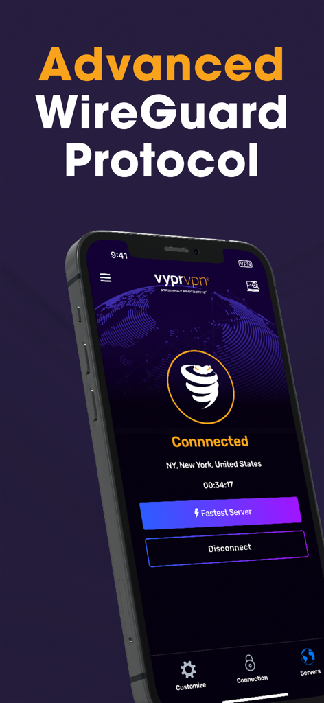 VyprVPN: VPN Secure & Private - VyprVPN app interface on iPhone highlighting the Advanced WireGuard Protocol and a secure connection in New York