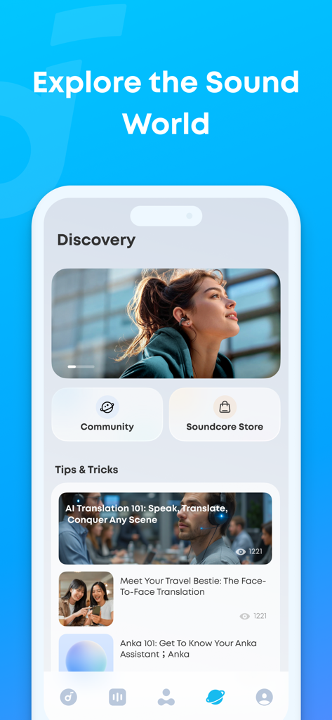 Discovery screen of the Soundcore app showing community and tips and tricks sections