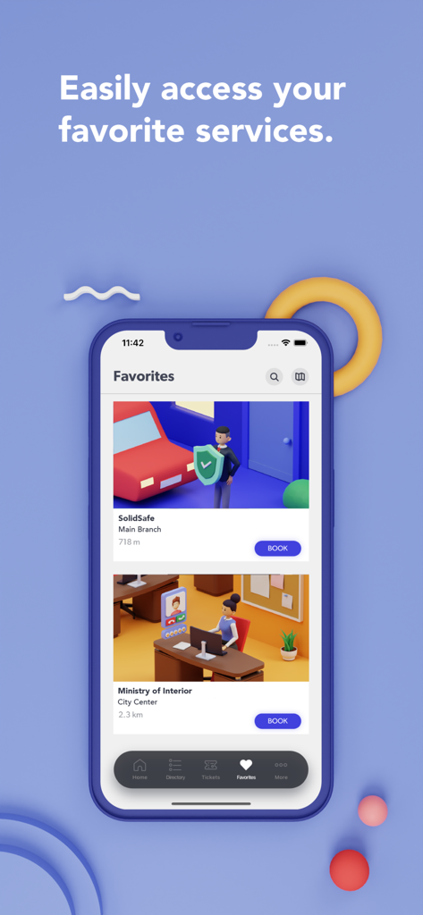 Skiplino - Mobile app interface of Skiplino showing the favorites screen with options to book services at different locations