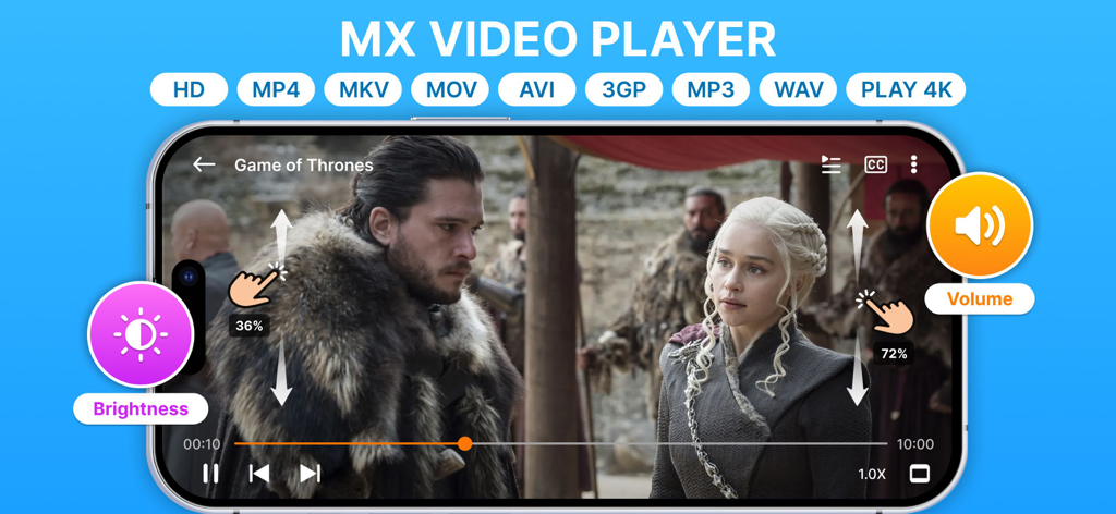 MX Player - Video Player - MX Video Player app showing touch gestures for adjusting brightness and volume during movie playback