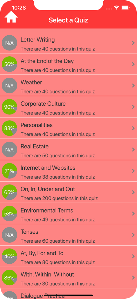 Advanced English Grammar - Selection screen for advanced English grammar quizzes with progress tracking and category list