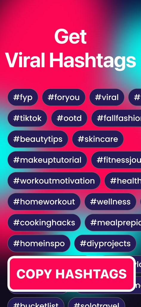 TikDown: Save TikTok Video - Mobile app interface for discovering and copying viral TikTok hashtags.