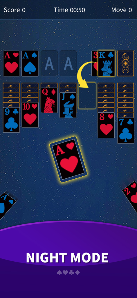Interfaz del juego clásico de Solitario en modo nocturno con cartas de alto contraste y un fondo oscuro.