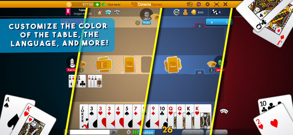 Screenshot von Canasta Hand and Foot mit verschiedenen Tischfarben-Themen und Sprachoptionen.
