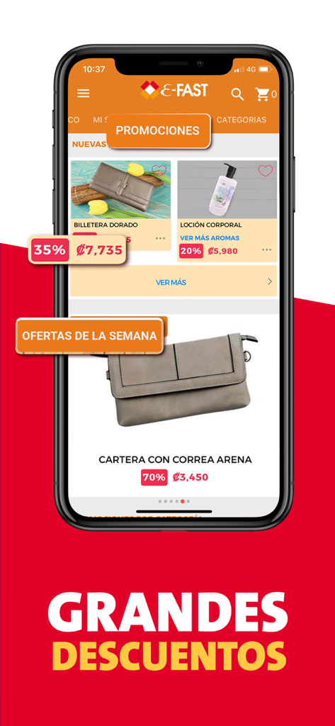 E-Fast - Interface de l'application mobile E-Fast montrant diverses promotions de produits et des remises sur les sacs et les articles de soins personnels