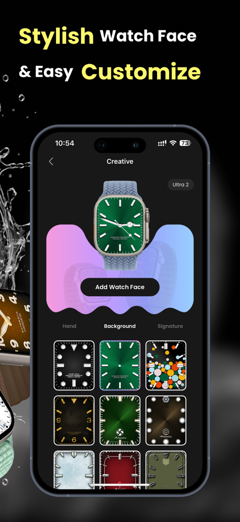Luxury Watch Faces Watchology - Customizing a green luxury Apple Watch face in the Watchology app interface