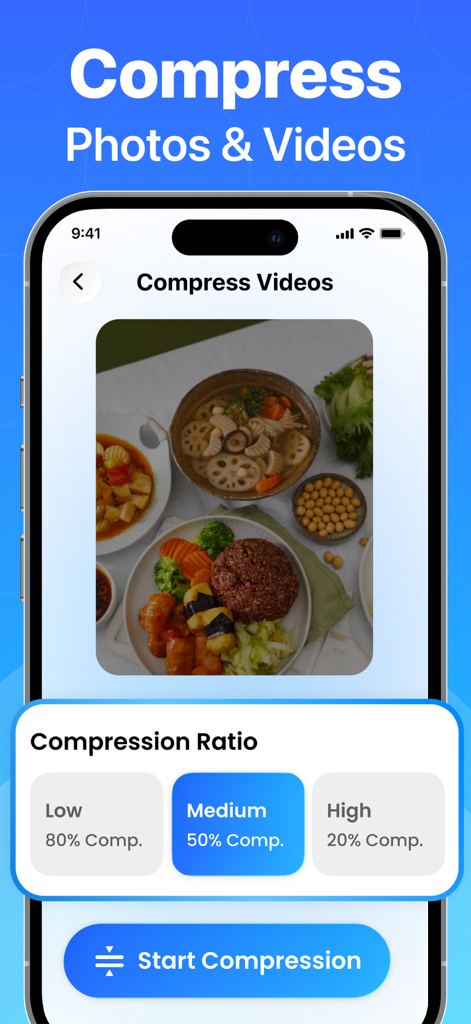 AI Storage Optimizer App - Una interfaz minimalista para comprimir videos con ajustes de calidad ajustables en la app Optimizador de Almacenamiento IA.