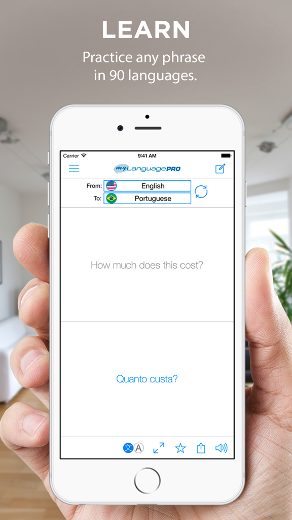 Translate Voice - Language Translator & Dictionary - A hand holding a smartphone showing the Translate Voice app with a phrase translated from English to Portuguese