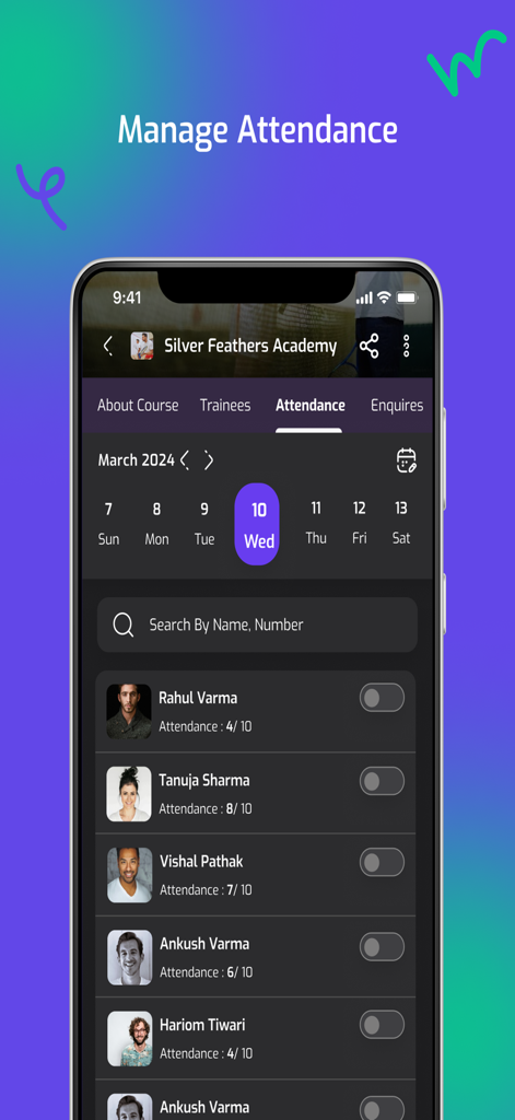 Athletiq - Own your Game - Athletiq app screen for managing sports academy trainee attendance