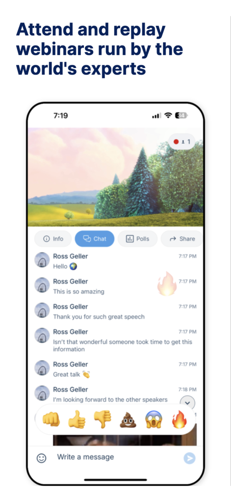 SurgeOn app webinar screen showing video playback and professional chat interaction