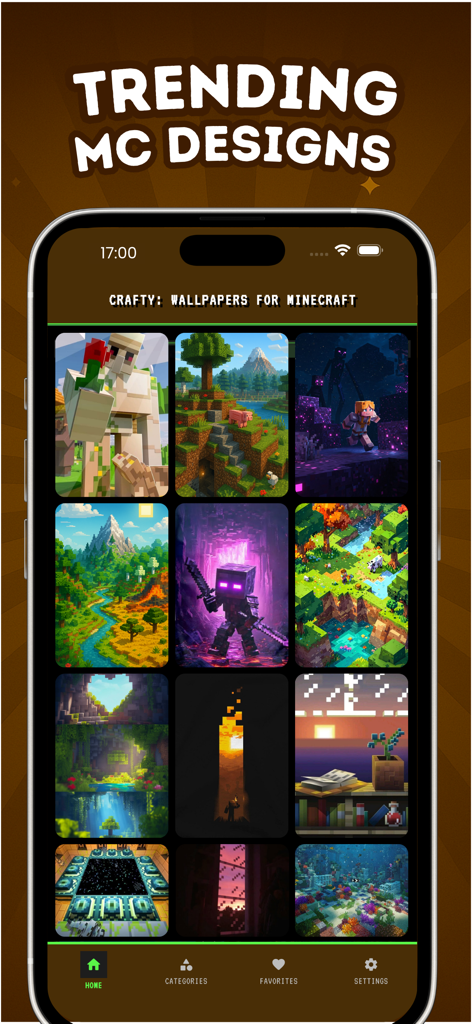 高解像度で人気のMinecraft壁紙デザインを特集したCraftyアプリのホーム画面