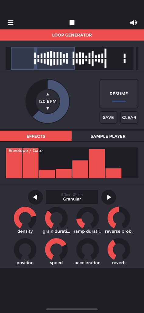 Loopfield : field recorder - User interface of Loopfield field recorder showing granular synthesis effects and loop generator.