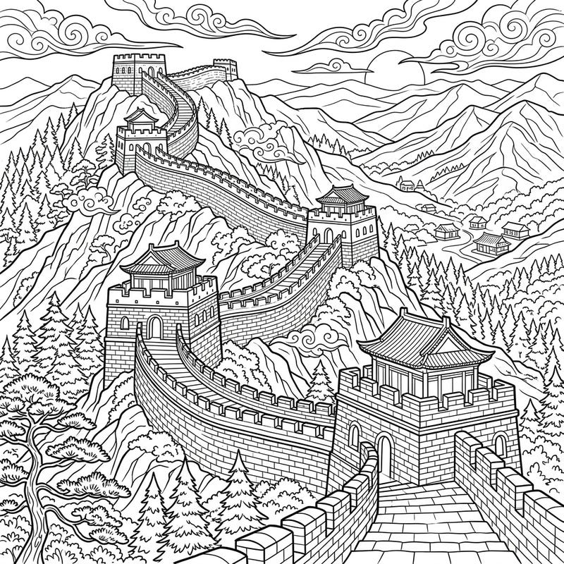 Journey to ancient China with this magnificent Great Wall coloring page. Immerse yourself in the intricate details of this historical marvel, ready for your creative touch.