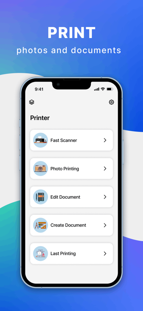 Main menu of the Epsom Printer app on an iPhone displaying options for fast scanner photo printing and document editing
