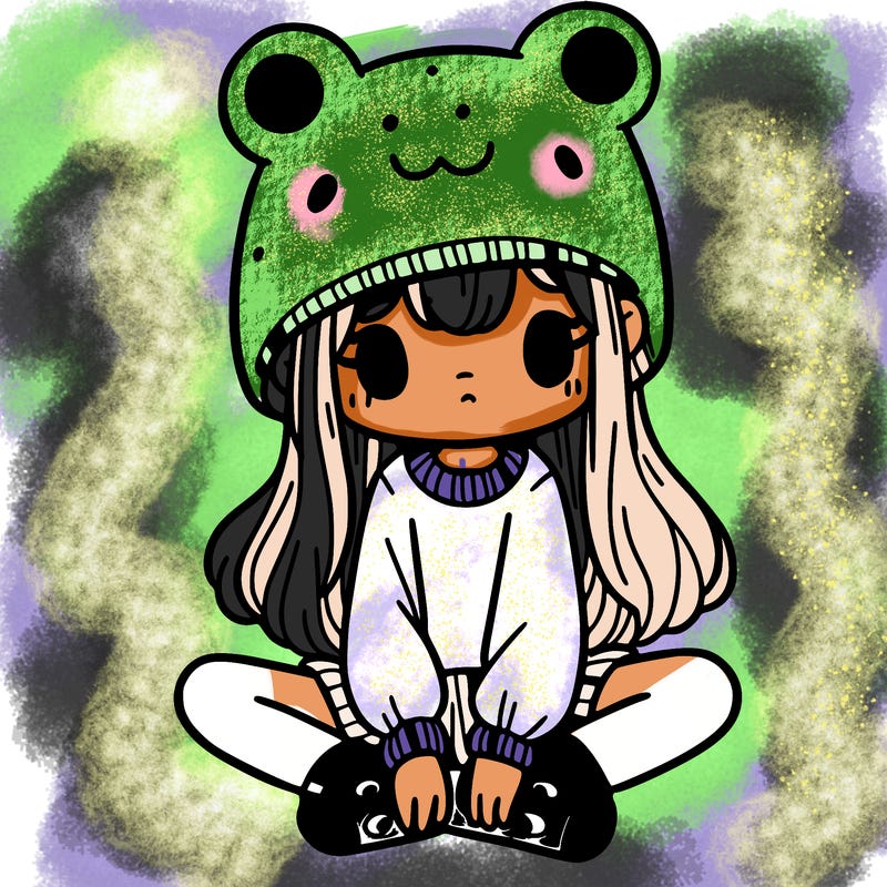 a girl wearing a frog hat and some frog socks