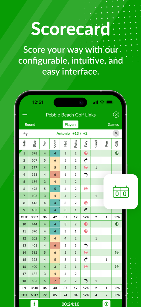 Beezer Golf mobile app displaying a detailed digital scorecard for a round at Pebble Beach.