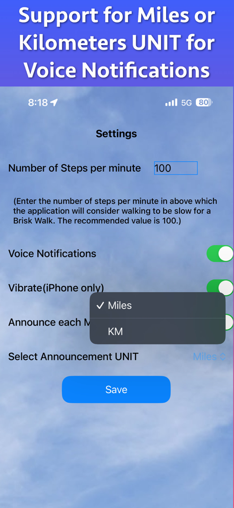 Brisk Walking Tracker - Brisk Walking Tracker app settings screen showing unit options for miles and kilometers