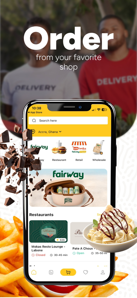 Pantalla móvil de la aplicación Ryno Delivery para pedir comida y comestibles en Acra
