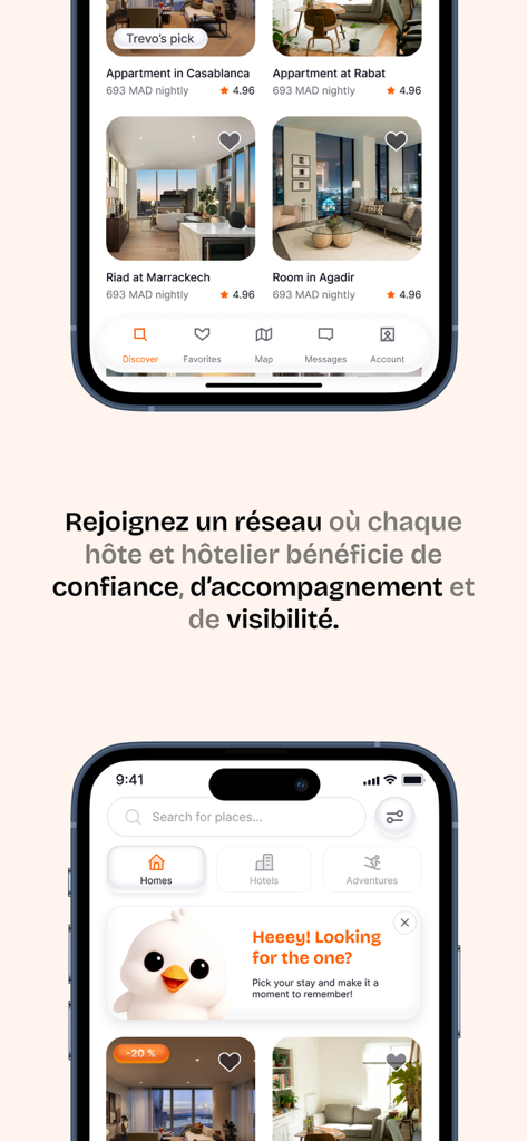 Trevo – Travel & Stays - Interface de l'application Trevo montrant des Riads et des annonces d'appartements marocains avec une fonction de recherche sur iPhone