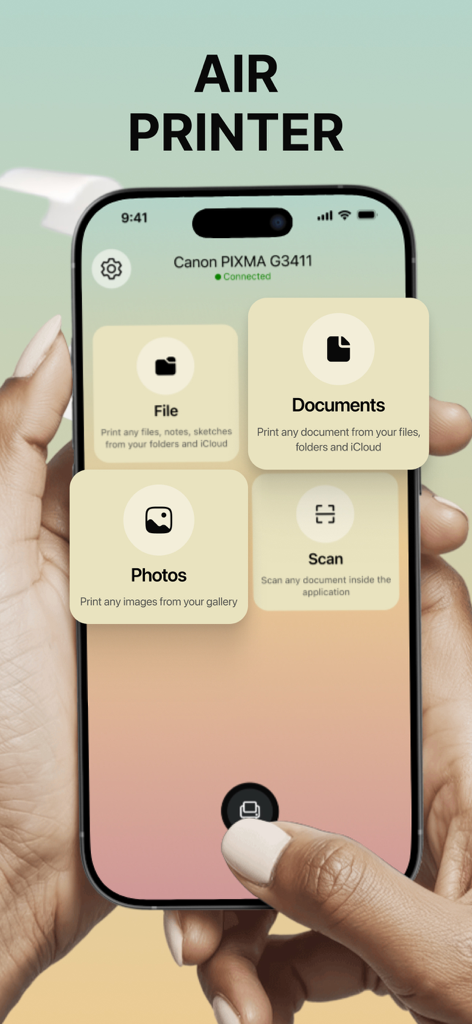 Smart Printer App - iPrint - Panel principal de Smart Printer App en iPhone mostrando funciones de impresión de documentos y fotos