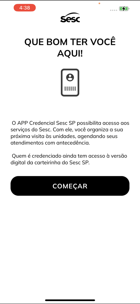 Welcome screen of the Credencial Sesc SP app with a digital ID card icon and a start button.