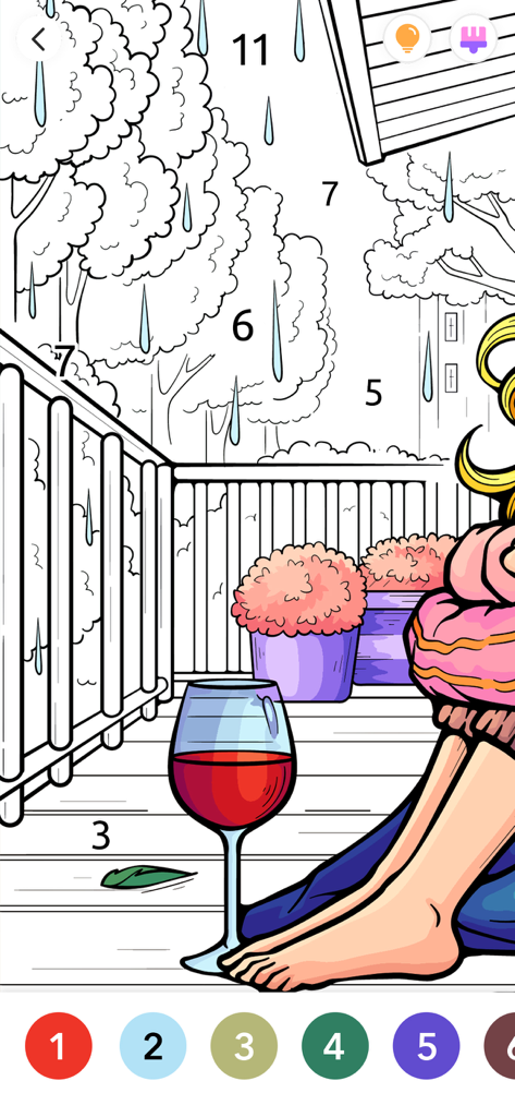A digital color by number app showing a rainy balcony scene with a glass of wine and numbered coloring areas.