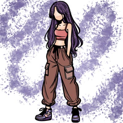 girl in baggy pants crop top and long hair