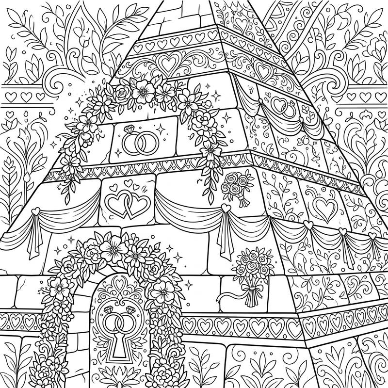 Unveil a unique fusion of ancient wonder and romantic celebration with this exquisite wedding pyramid coloring page. Immerse yourself in intricate details, from floral garlands to intertwined rings, awaiting your creative touch.