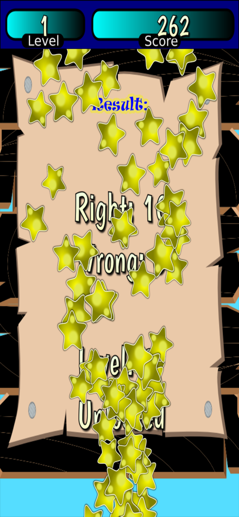 Times Tables Math Trainer UN - Math trainer results screen showing score and level unlocked with animated yellow stars