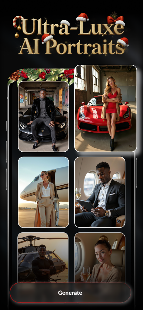 AI Photo Video Generator: AURA -  Portraits de style de vie luxueux générés par IA de personnes avec des supercars et des jets privés