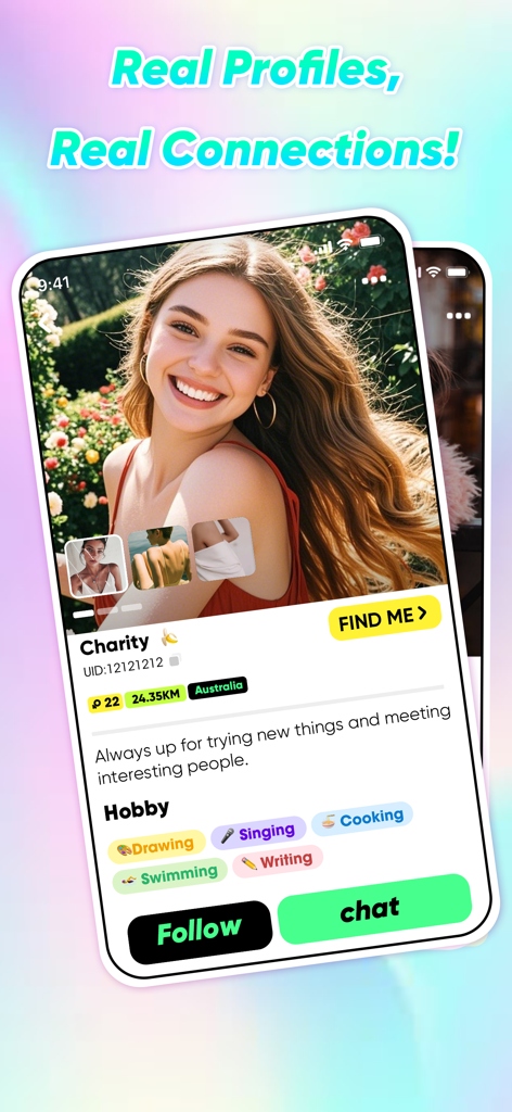 A user profile interface on the SOYOU app showing a verified female user with her hobbies and a chat option
