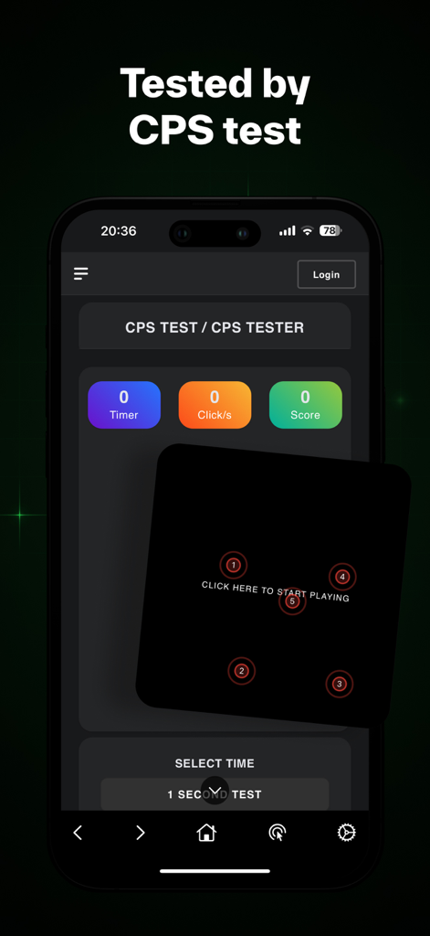 Auto Clicker: Tapper - Auto Clicker Tapper mostrando una interfaz de prueba de CPS con puntos de clic automatizados numerados para juegos y productividad.