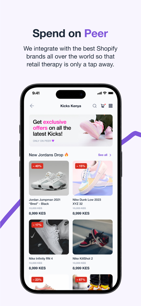 Peer - the everything app. - Peerからのモバイルアプリインターフェース。ナイキやジョーダンの様々なスニーカーが販売されているスニーカーショップが表示されています。