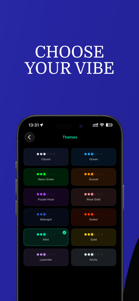 TimeDot: Year & Life Progress - Selection of aesthetic color themes in the TimeDot app interface